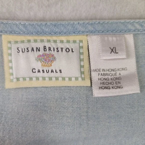 Vintage 90s Susan Bristol Embellished Denim Shirt XL Blue Casual Americana Boxy - Picture 6 of 10